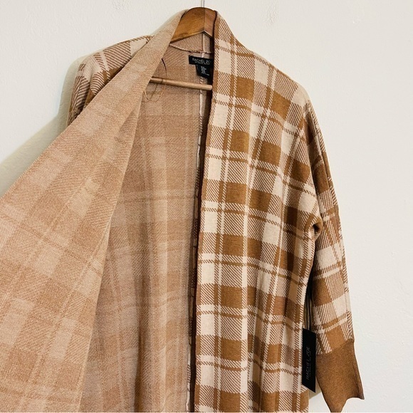 EUC Rachel Zoe Wool Blend Plaid Open Front Cardigan Size Medium Brown/Off White - Picture 4 of 7